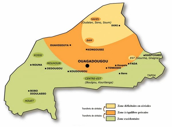 Carte des zones de production de céréales excédentaires et déficitaires au Burkina Faso