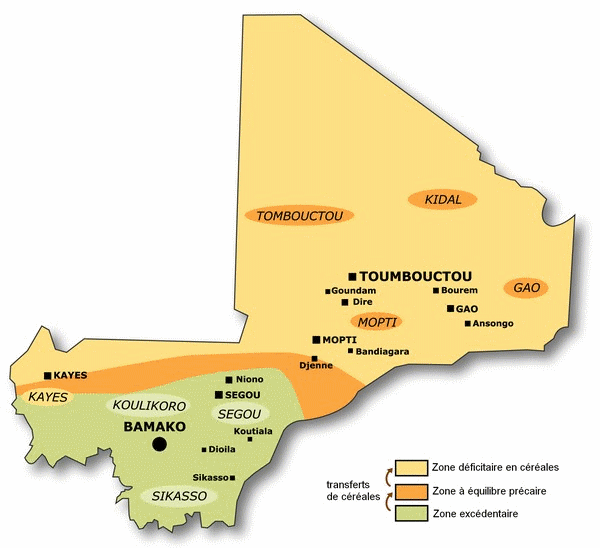 Carte des zones excédentaires et déficitaires au Mali